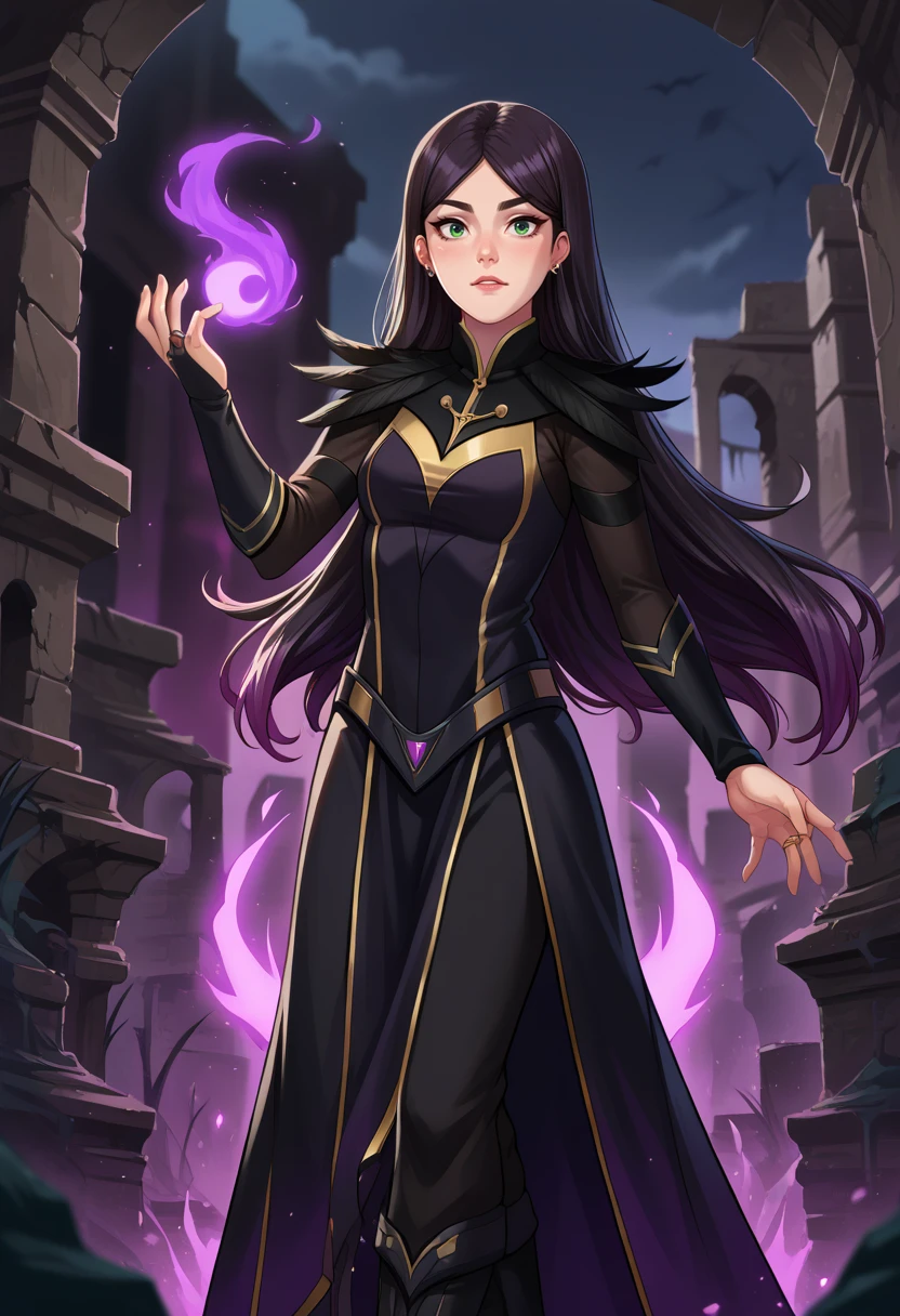 score_9, score_8_up, source_anime, 1girl, solo, Claudia, black hair, gradient hair, long hair, green eyes, earrings, black dress, two-tone dress, gold-trim, feather shoulder pads, long sleeves, bridal gauntlets, belt, black pants, black boots, outdoors, ruins, magic, purple light, purple energy, <lora:ChamClaudiaPonyXL:1>