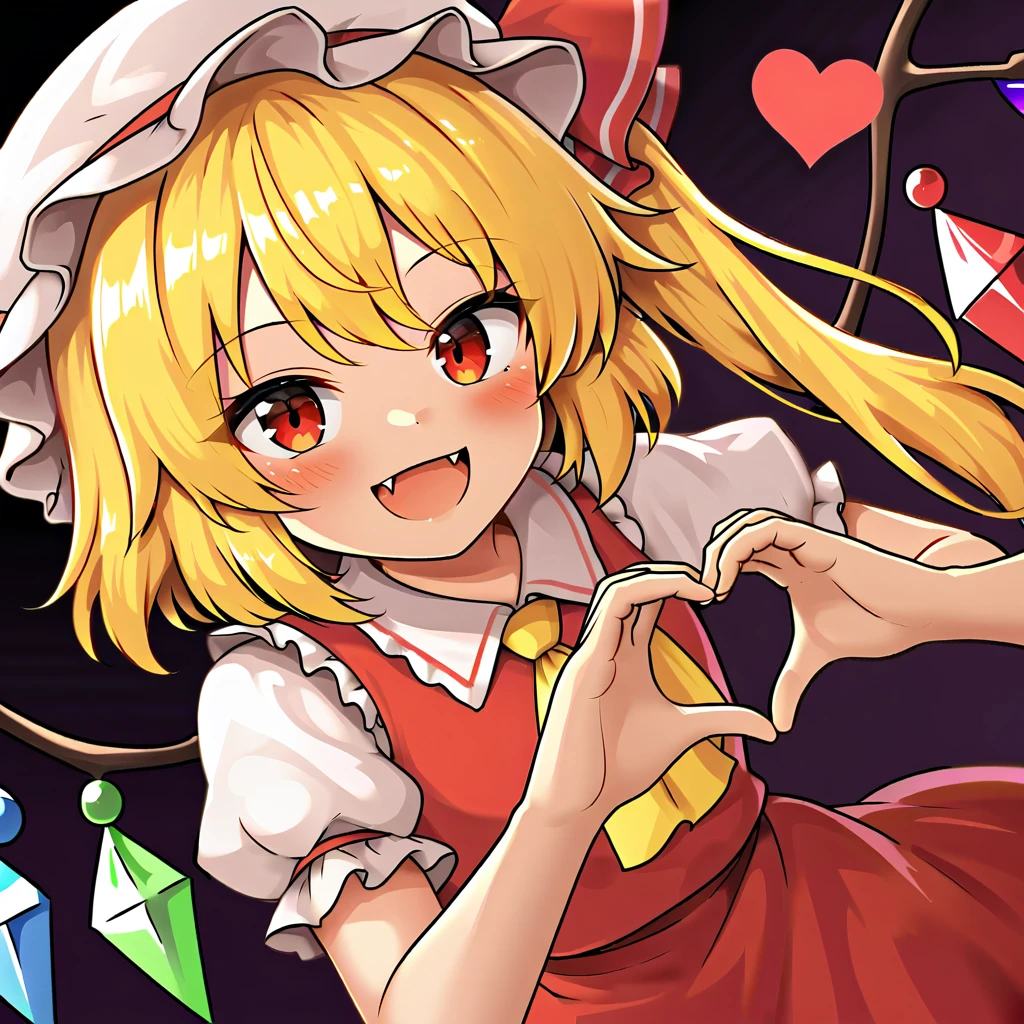 1girl, dark room, indoors, bedroom, flandre scarlet (wings, red eyes, blonde hair, side ponytail, red hair bow, white headwear, mob cap, white puffy sleeves, white sleeves, short sleeves, red vest, yellow ascot, long skirt, red skirt, frilled skirt, flat chest, open mouth, smile, fang, fangs), portrait, foreshortening, close-up, pov, pov hands, heart hands <lora:ieknnig_epoch_1:1> <lora:StS_detail_slider_release_two_v3:-3> <lora:Test:0.8>