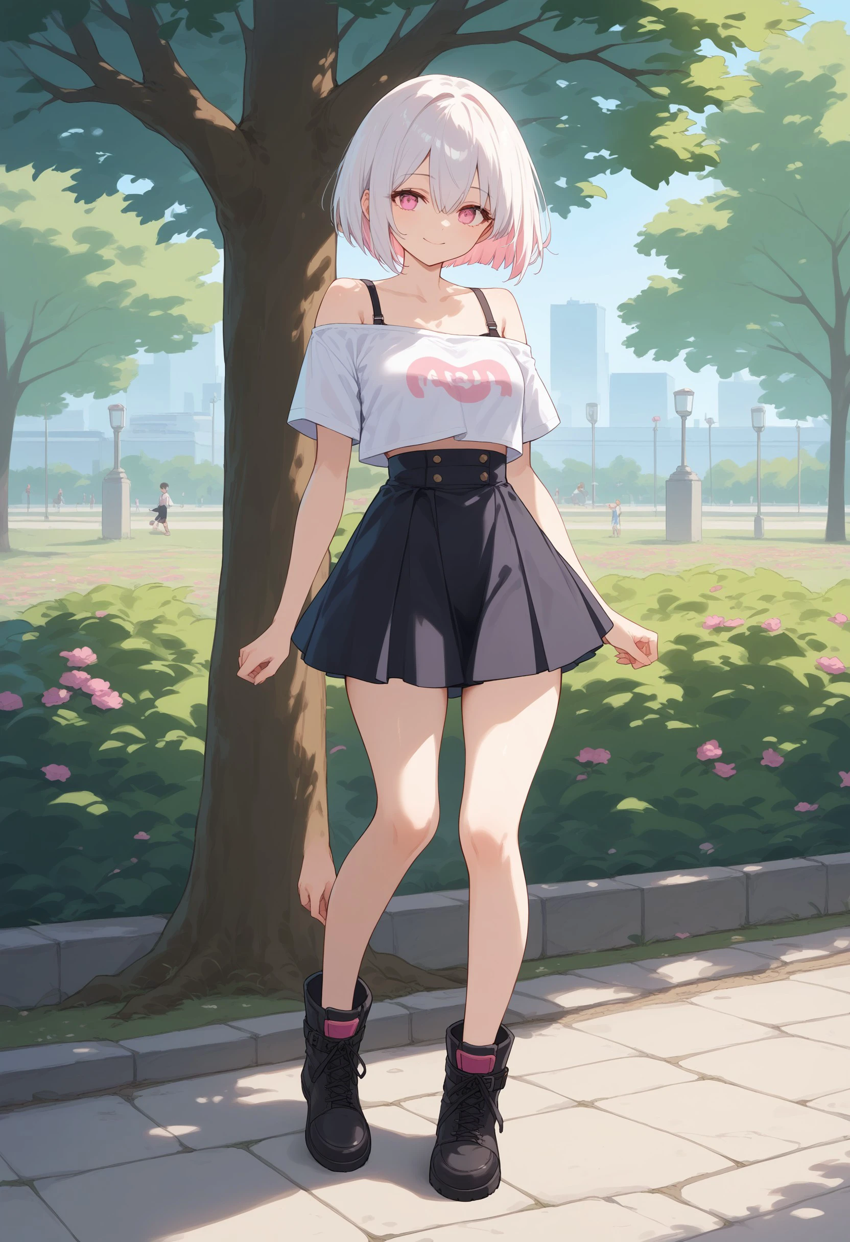 score_9, score_8_up, score_7_up, score_6_up, source_anime
1girl, light pink eyes, white hair, short hair, bob cut, hair between eyes,
smile,
black skirt, high-waist skirt, crop top, white t-shirt, off-shoulders, bra strap, ankle boots,
standing, park, tree, flowers, stone pavement, full body
