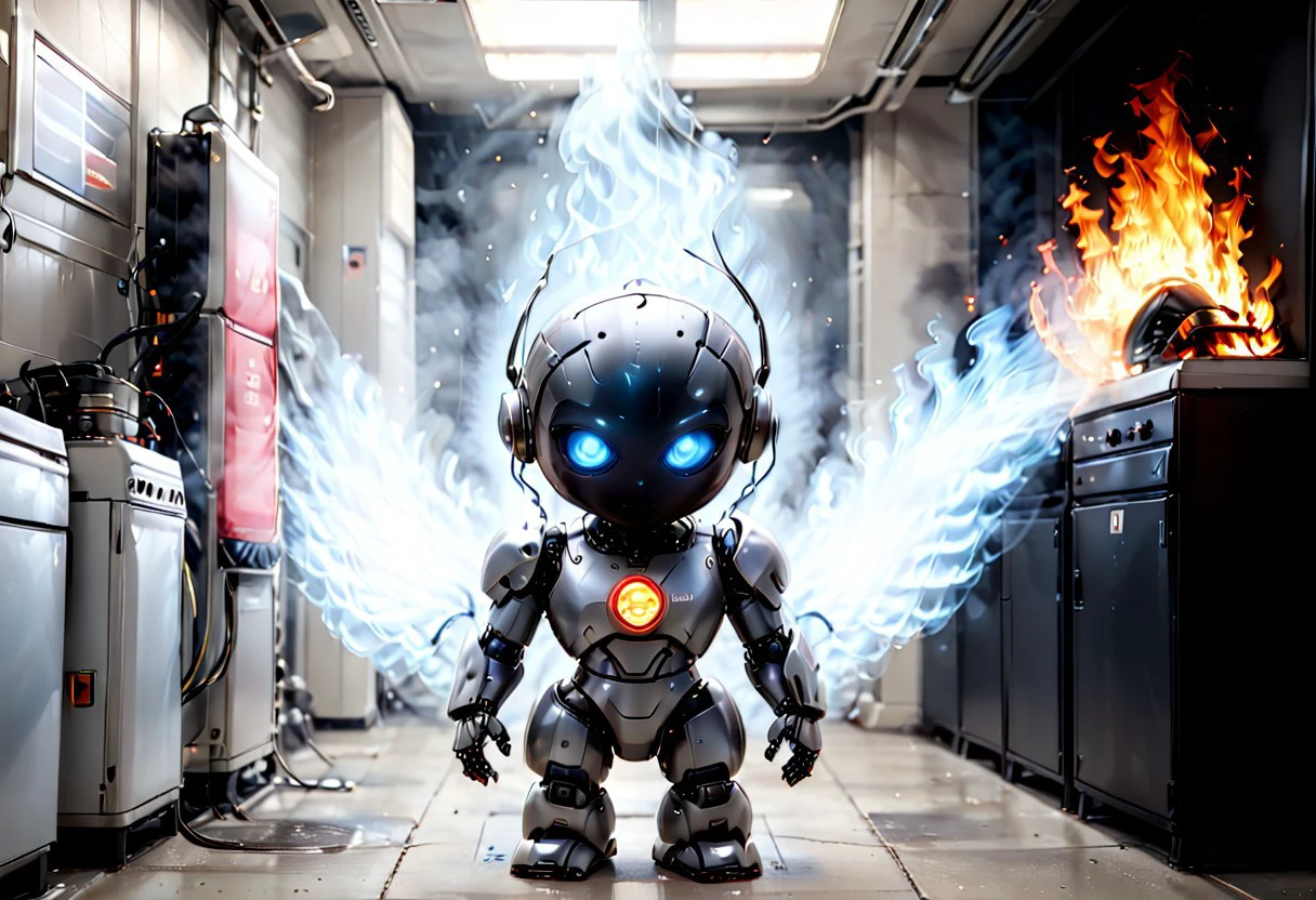 generation of ultra high quality photo with high resolution and sharp focus on theme ((burning servers)) of AI and the little robot civitay extinguishes with a fire extinguisher and a caption above the robot's head help i'm fried comic book style