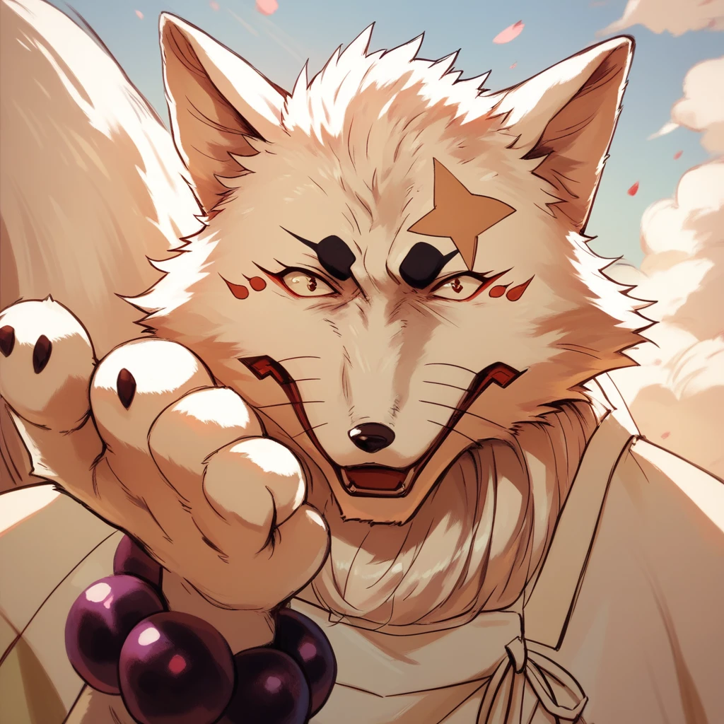 score_9, score_8_up, score_7_up, Gintaro, furry, fox spirit, best quality, hires, white kimono, bead bracelet, happy, upper body, looking at viewer