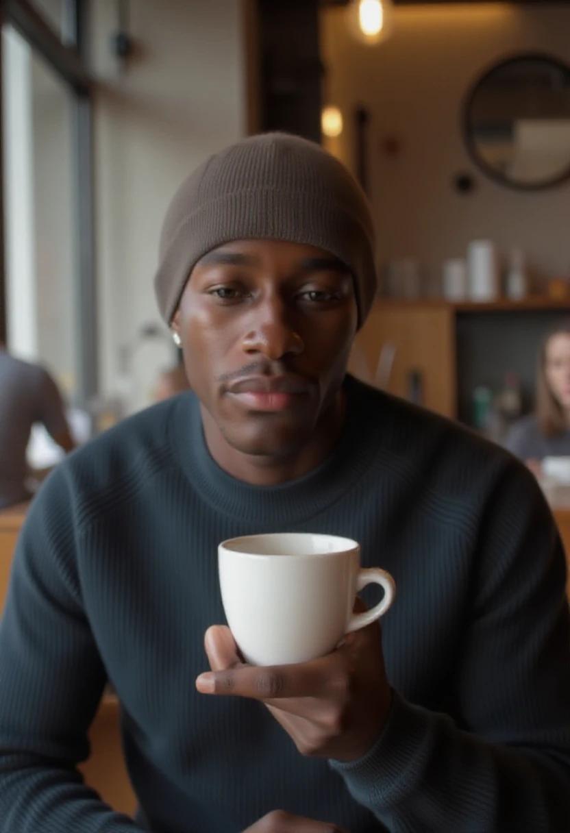 mukasakakonge a man (holding) a large coffee cup, in a beanie, sitting in a cafe, looking at viewer