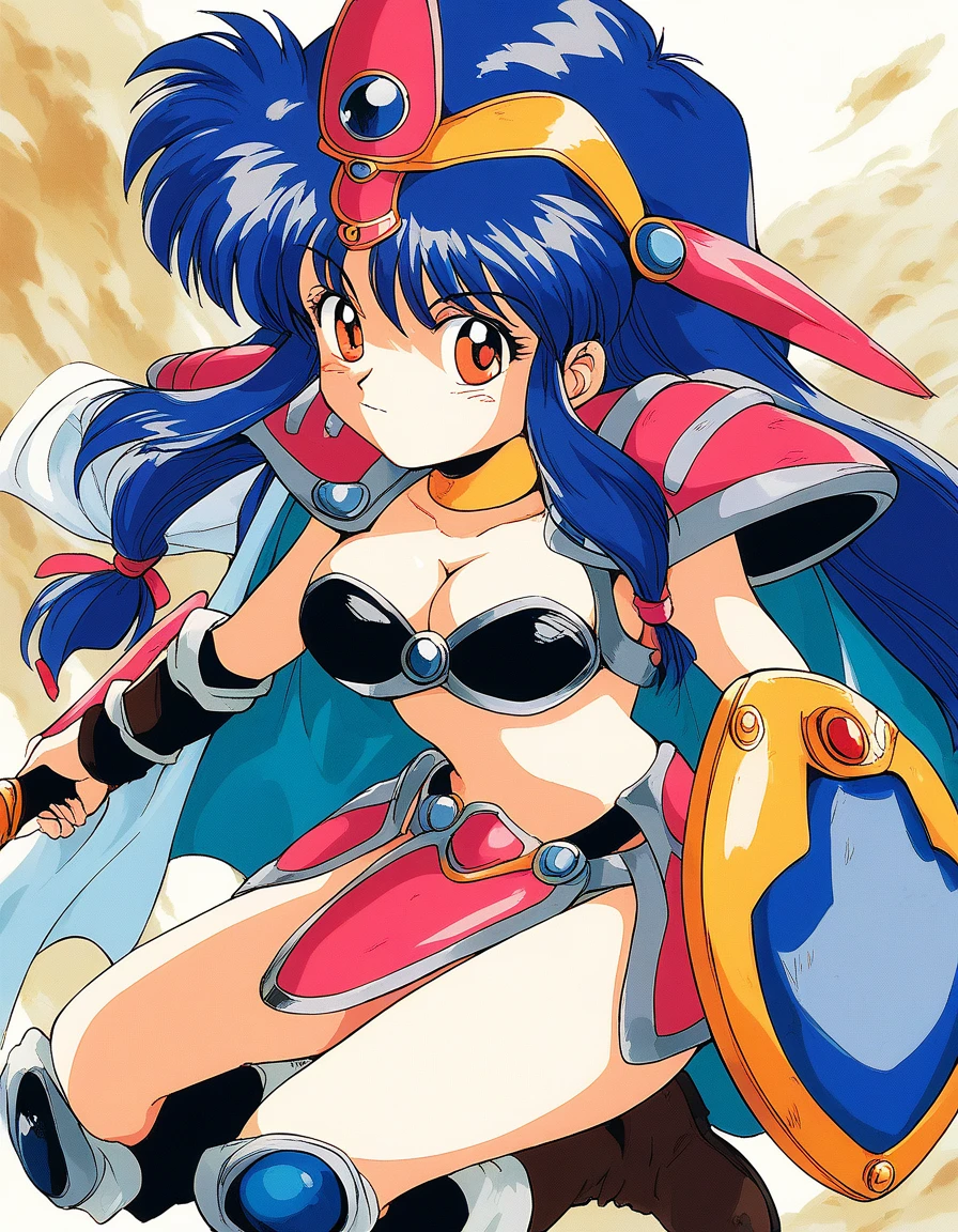 score_9, score_8_up, score_7_up, source_anime, rating_explicit, BREAK <lora:Chris_XL:1> Chris, long hair, dark blue hair, orange eyes, medium breasts,ãside-locks
1girl, solo, shield, sword, weapon, armor, bikini armor, red eyes, cape, retro artstyle, boots, cleavage, 1990s (style)
rocky place,