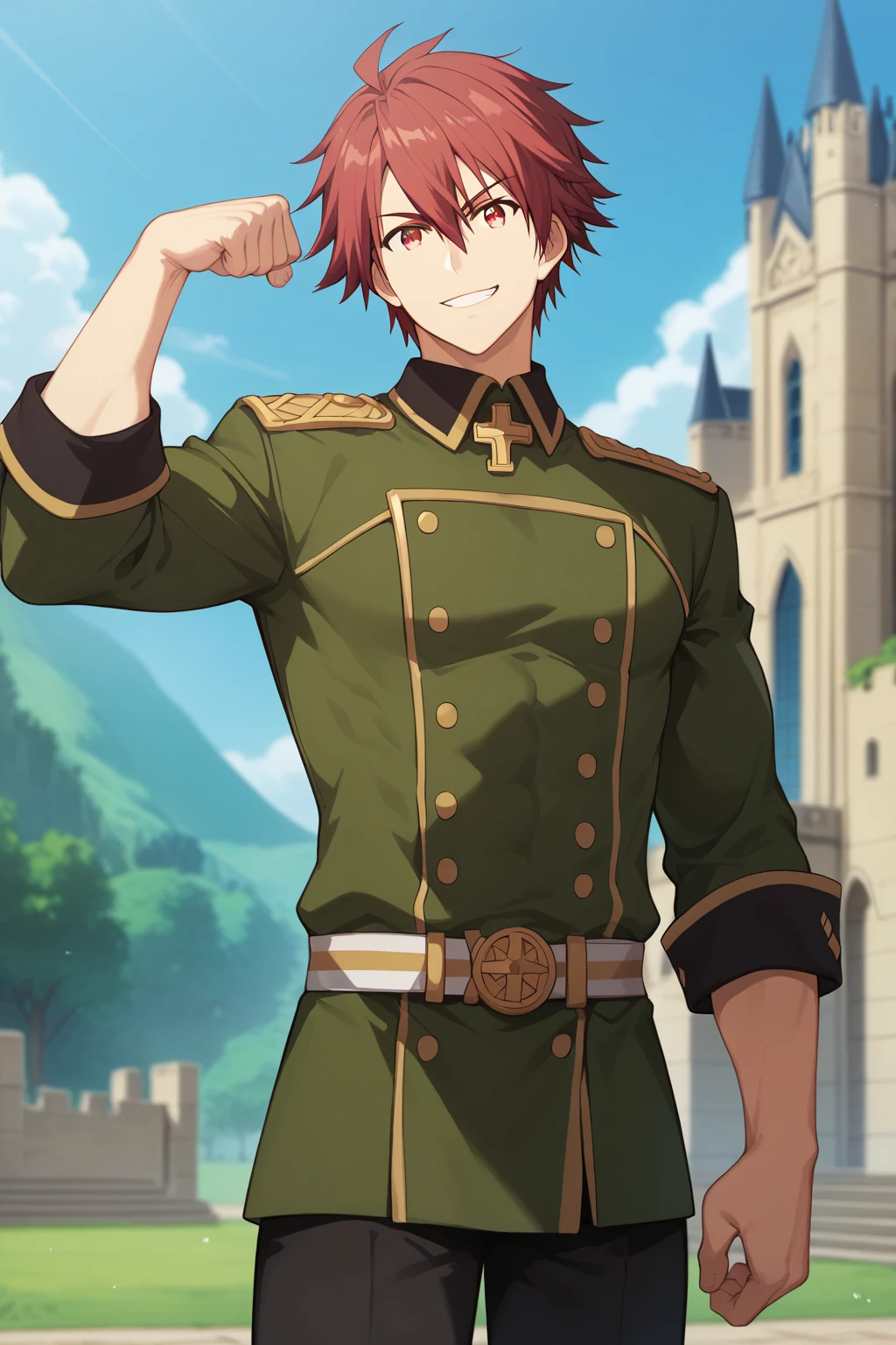 (score_9, score_8_up:1.1), score_7_up,halbert magna, 1boy, red hair, solo, red eyes, green military uniform, smirk, looking at viewer, black pants, toned body, flexing, castle gates, outdoors, cowboy shot