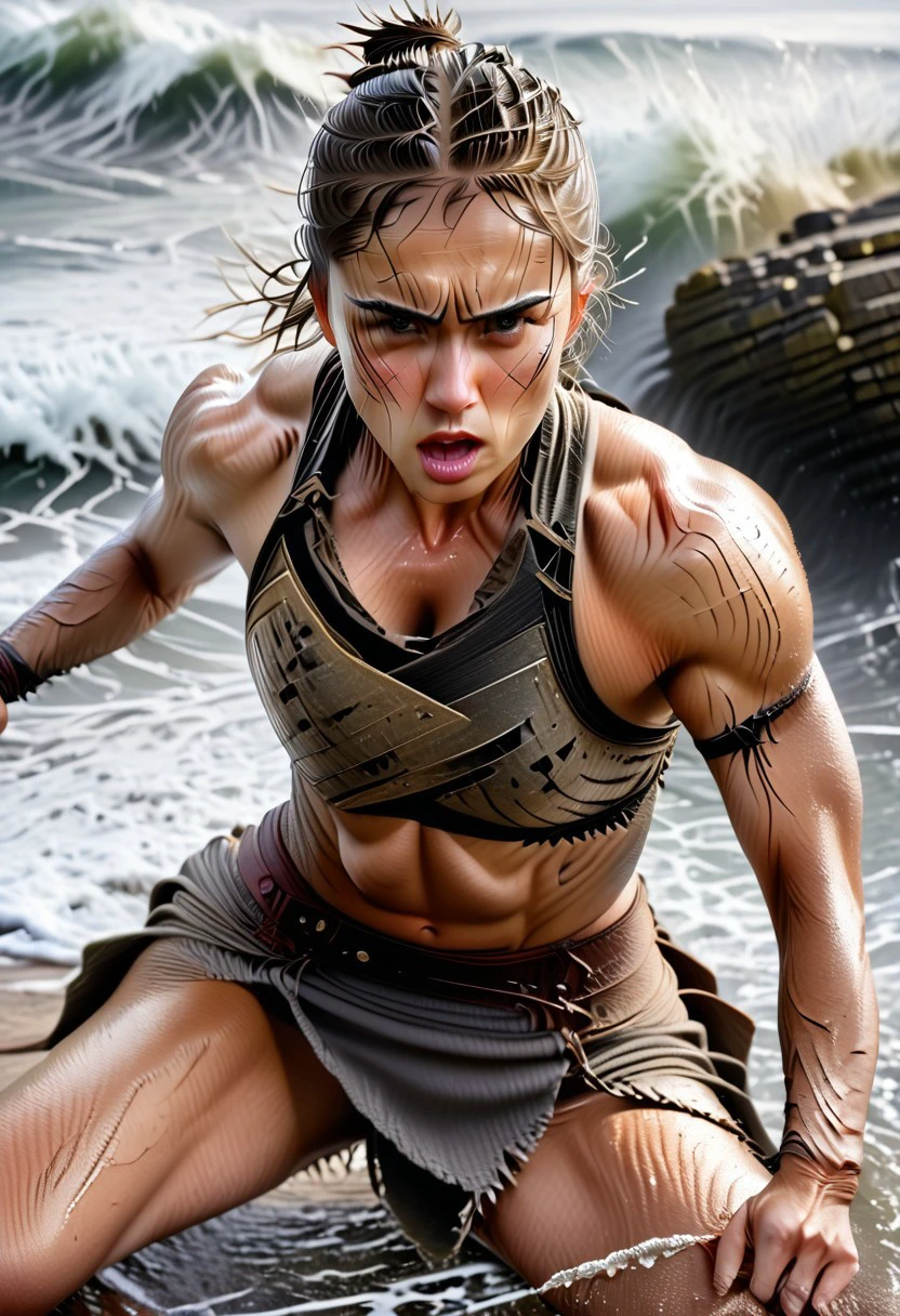 super realistic image with ultra high quality and correct anatomy of the perfect (very sexy warrior) in various dynamic poses, photorealism, with sharpness in focus, clean and anatomically correct face and limbs, torn clothes, fighting poses, automatic weapon