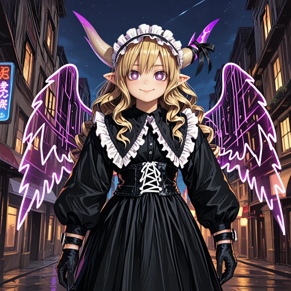 1girl,solo,<lora:nightmare:1>,nightmare \(mazohaha\),demon girl,demon horns,pointy ears,blonde hair,long hair,drill hair,twin drills,purple eyes,ringed eyes,triangle mouth,horn ribbon,maid headdress,black dress,black gloves,purple legwear,
outdoors,city,night sky,star \(sky\),
looking at viewer,closed mouth,cowboy shot,:>,<lora:n30nw1ngsXLP:1>,n30nw1ngs,neon light wings,wings,, score_9, score_8_up, score_7_up, perfect anatomy, source_anime, zPDXL2,