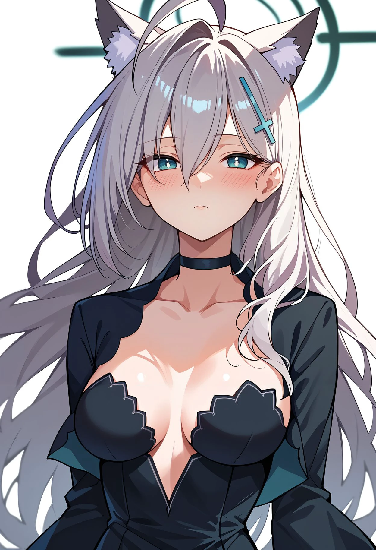 score_9,score_8_up,core_7_up,<lora:shiroko_terror_xl:1>shiroko terror, 1girl, solo, animal ears, breasts, extra ears, animal ear fluff, cross hair ornament, looking at viewer, upper body, blush, dress, black choker, medium breasts, simple background, white background, choker, black dress, closed mouth, bangs, long sleeves, collarbone, ahoge