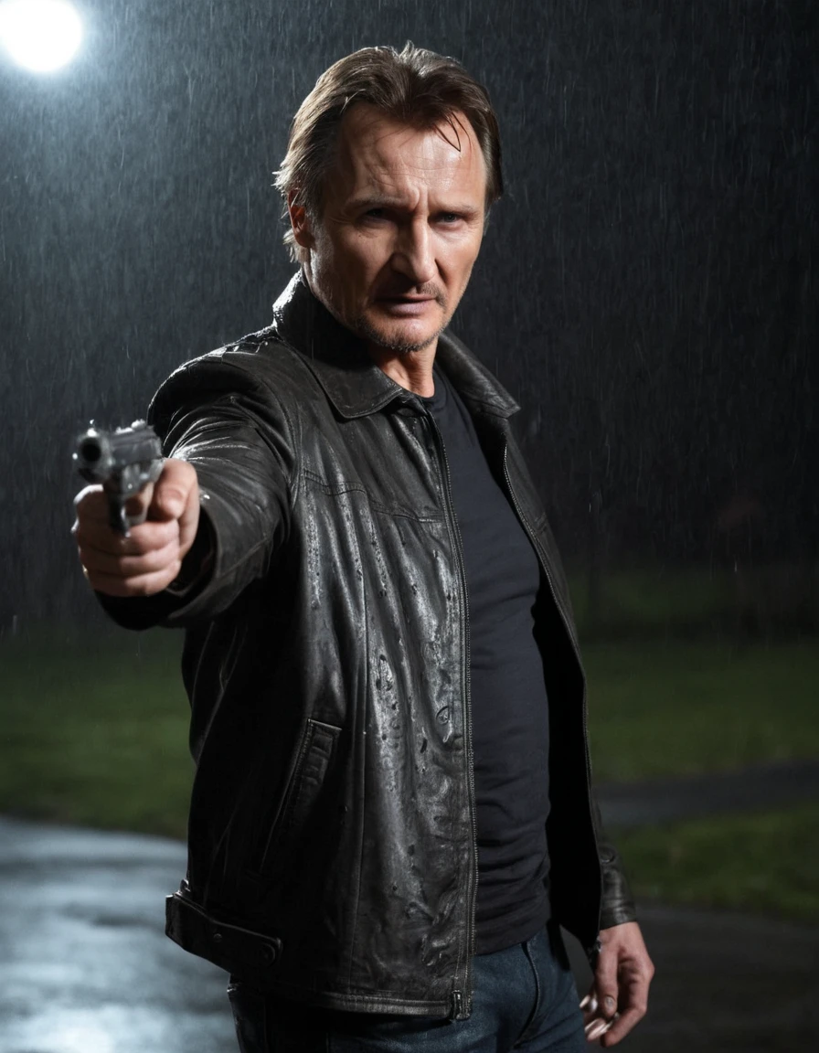  Actor Liam Neeson, dressed in a leather jacket, stands in a dramatic pose with a gun in his right hand, pointed towards the camera, His serious expression reflects the intensity of the scene, The background is dark and rainy, with raindrops falling from the sky, The lighting features a spotlight shining on Neeson, casting his figure in sharp relief against the gloomy backdrop, drawing the viewer's attention directly to him, 