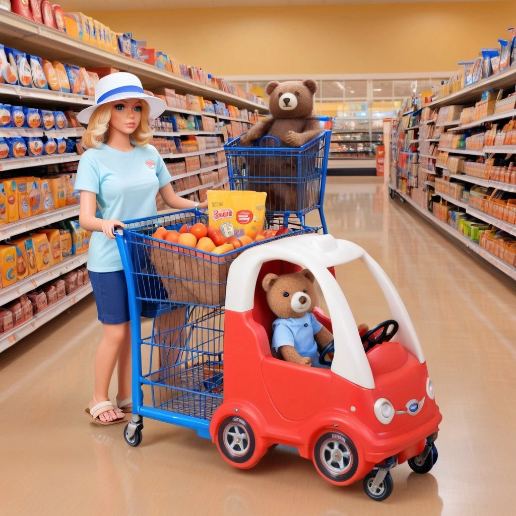 Grocery_store_car_cart, bear, adult female, doll in cart, hat, sandals, white shirt, blue shirt, indoors, wheel, photo background, t-shirt