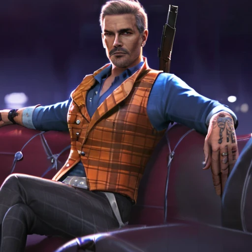 blue shirt, crossed legs, shirt, solo, handgun, pants, tattoo, vest, upper body, weapon, holding weapon, realistic