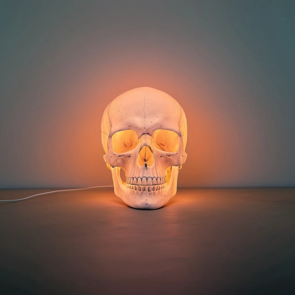 glowing skull in a dark room