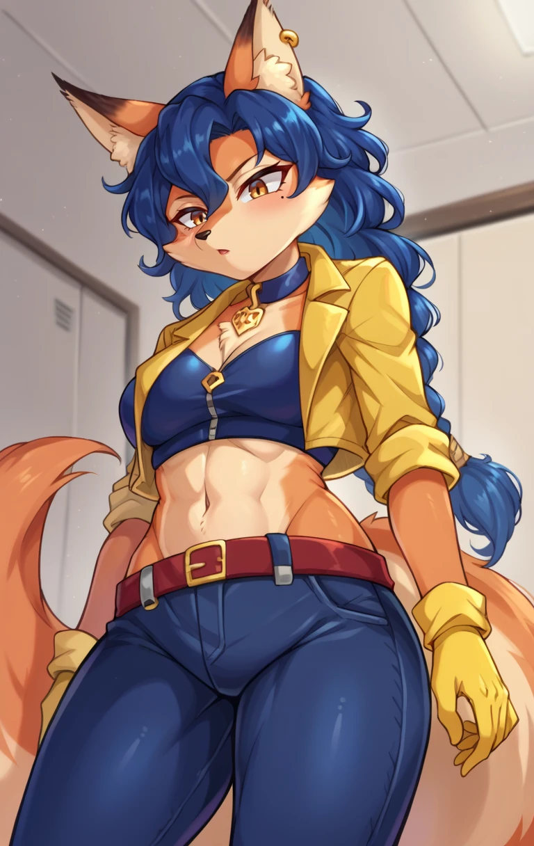 score_9,score_8_up,score_7_up BREAK <lora:CarmalitaFox:1>,CarmalitaFoxSDXL,1girl,gloves,navel,hazel eyes,blue necklace,animal ears,braid,blue hair,jacket,tail,midriff,belt,ear piercing,pants,crop top,fox ears,fox tail,fox girl,furry,collar,cropped jacket,mole under eye,blue pants,yellow jacket,yellow gloves,cowboy shot,room,room background,from below,