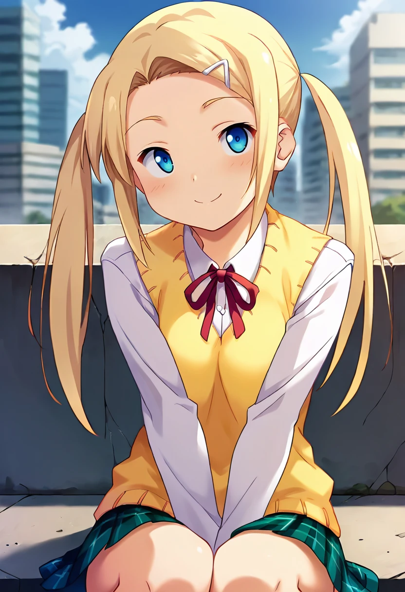 score_9, score_8_up, score_7_up, masterpiece, source_anime, 1girl, ct_yuzu, blonde hair, twintails, long hair, white hairclip, white collared shirt, long sleeves, yellow sweater vest, red neck ribbon, plaid skirt, outdoors, city, depth of field, looking at viewer, facing viewer, smile, shiny skin, happy, sitting,  <lora:HoshikawaYuzuha_Pony_ct_ver2:1>