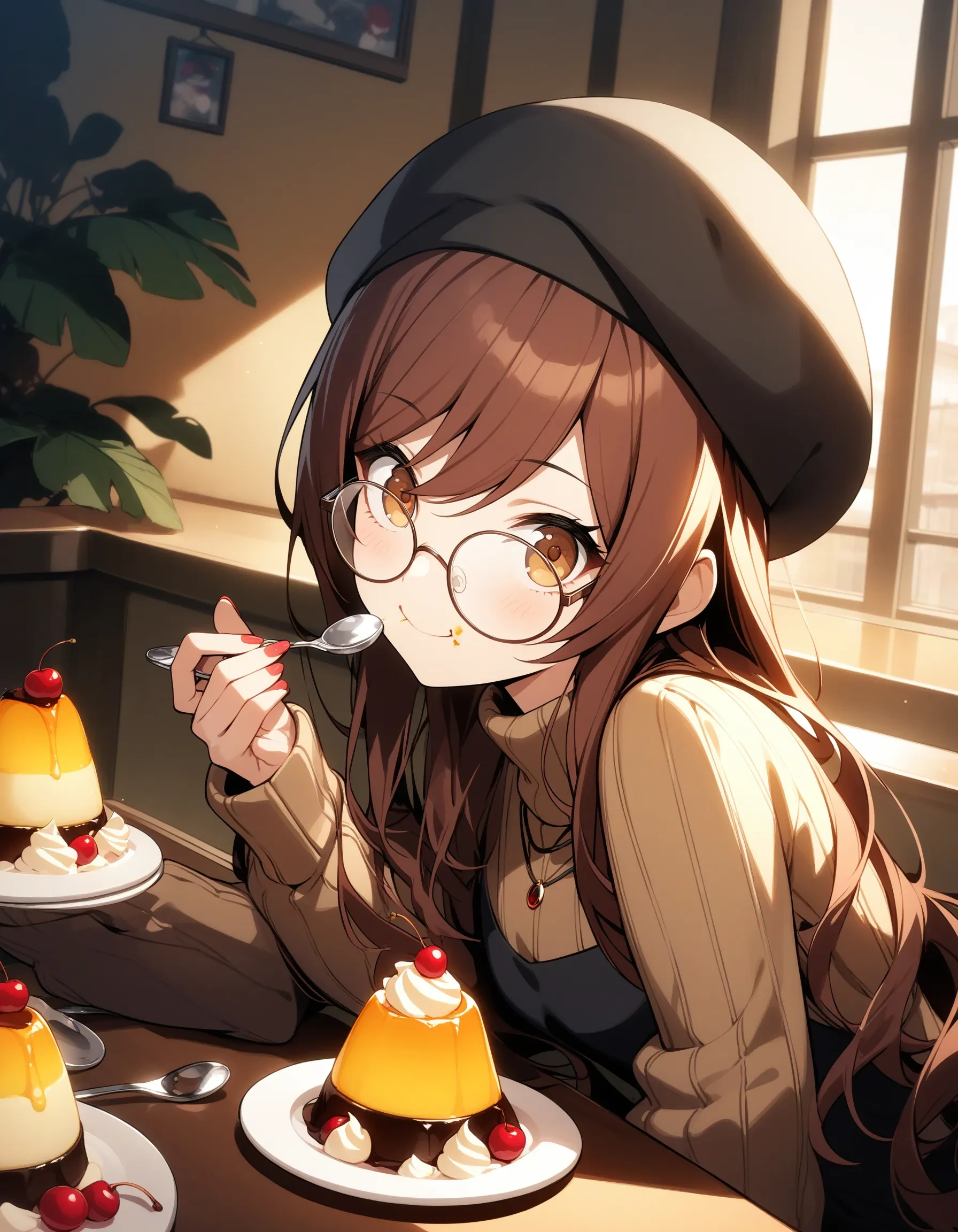 a_osaki, 1girl, solo, long hair, red hair, brown hair, brown eyes, swept bangs, small breasts, beret, black dress, black hat, blush, brown sweater, cherry, closed mouth, dessert, dress, eating, food, fruit, glasses, hat, holding, holding spoon, indoors, jewelry, long sleeves, looking at viewer, nail polish, necklace, pudding, ribbed sweater, round eyewear, sitting, sleeves past wrists, smile, spoon, sweater, table, turtleneck, turtleneck sweater, utensil in mouth, whipped cream, window
masterpiece, best quality, very aesthetic, absurdres
<lora:a_osakiXL_animagine:1>