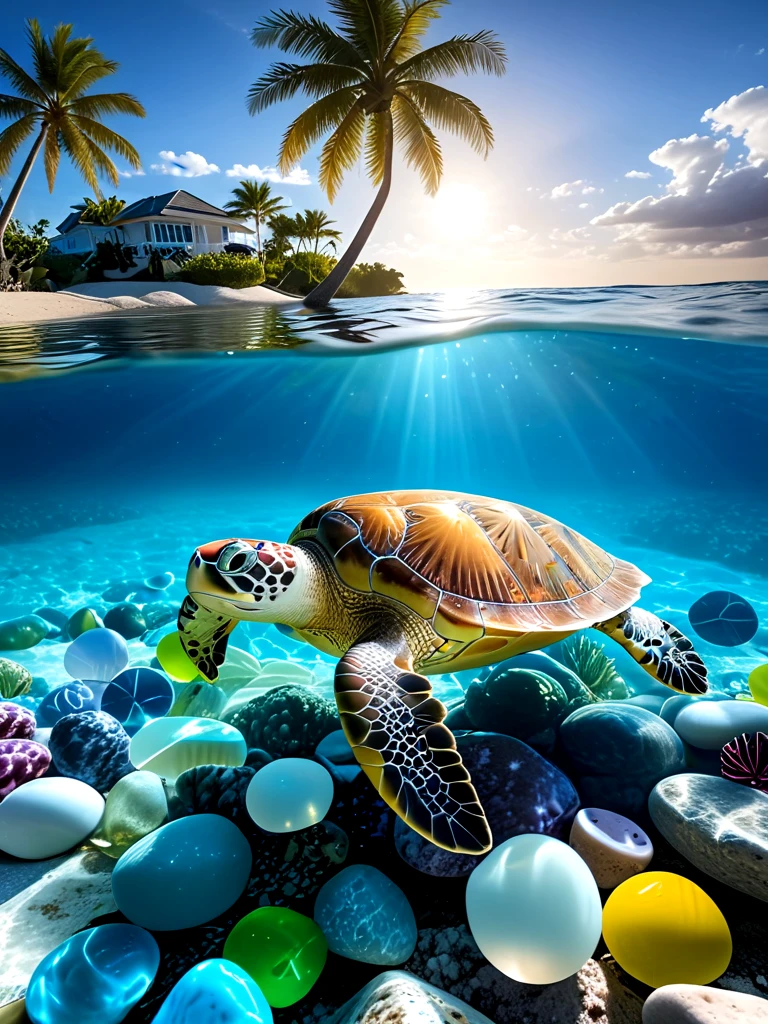 underwater illumination, deep water, ocean, sea, multicolored glass pebbles, transparent, glowing, reflection, fish, sea ââturtle, sky, sun, shore, palm tree, <lora:glasspebblesunderwater_sdxl:0.8>