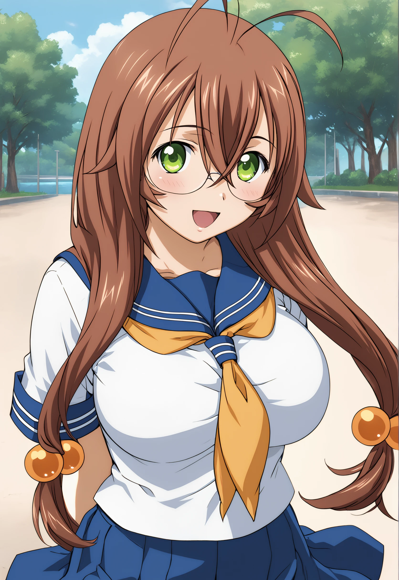 score_9, score_8_up, score_7_up, source_anime, 1girl, solo, outdoors, <lora:Ryuubipony_V01:1> Ryuubipony, long hair, brown hair, green eyes, hair between eyes, hair bobbles, glasses, school uniform, serafuku, white serafuku, yellow neckerchief, blue skirt, large breasts, sexy, glamor, anime screencap, smile, looking at viewer, cowboy shot,open mouth,arms behind back, big eyes,
<lora:vivid_everclear:0.1> <lora:flat_sdxl:-0.4> <lora:Fixhands_anime_bdsqlsz_V1:1>