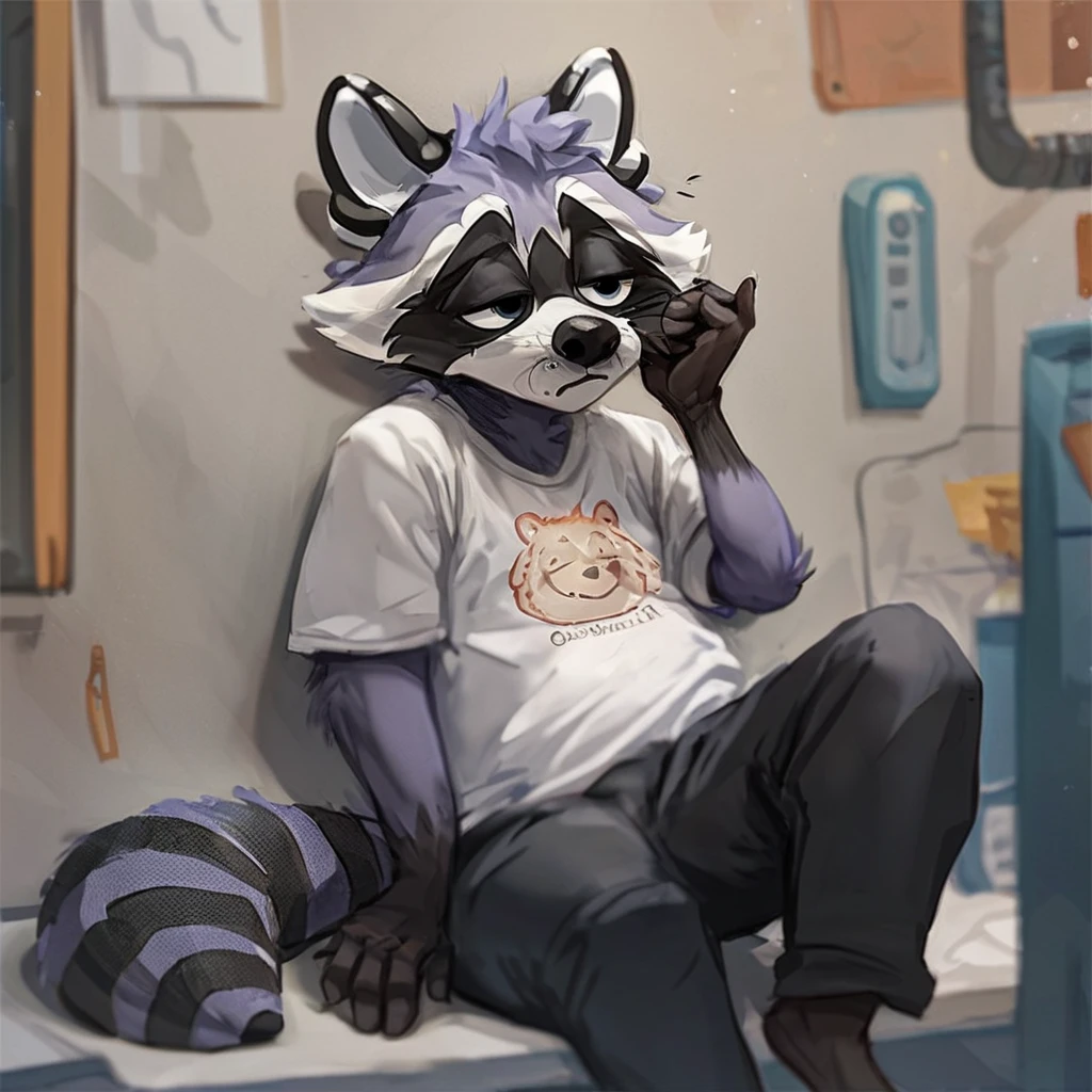 source_furry,  raccoon wearing a white t-shirt and black pants, raccoon tail, drowsy, tired expression, <lora:Test 1:0.8>, score_9, score_8_up, score_7_up,