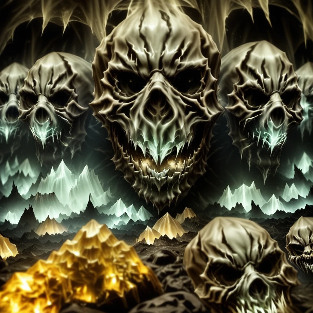 mountain, black background, demonic, demon, simple background, crystal, skull, cave, tree, creepy, open mouth, sky