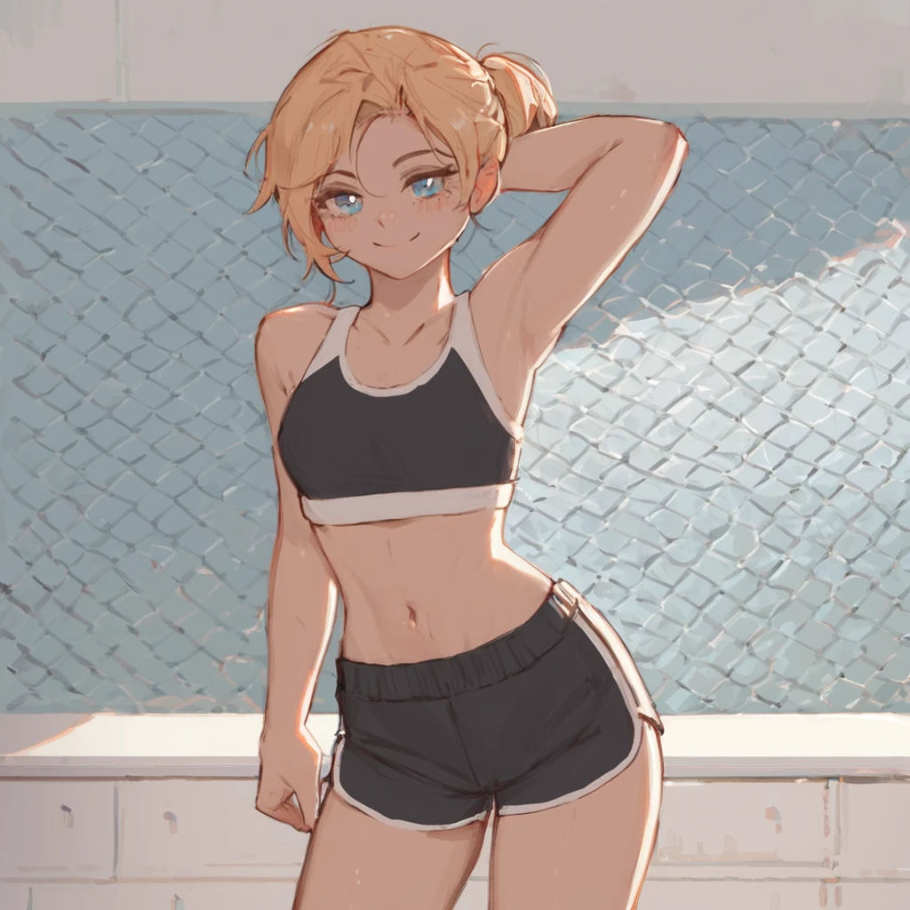 score_9, score_8_up, score_8_up, raw,
1girl, solo, standing, cowboy shot, looking at viewer, blonde hair, blue eyes, smile, blush,
shorts, sports bra, fishnets,
detailed background, indoors,
batter, wehr, <lora:age_slider_v4:-1>, <lora:Banana_Batter_Style:1>