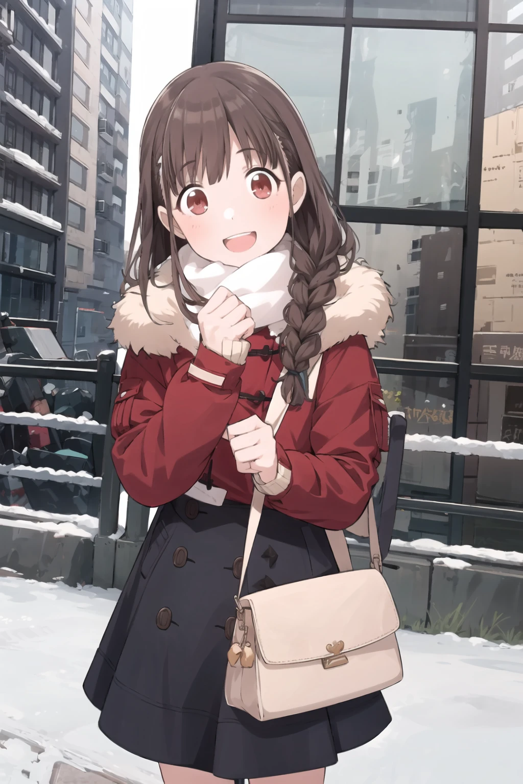 c_sonodaO, 1girl, smile, red eyes, brown eyes, brown hair, long hair, braid, looking at viewer, outdoor, winter, open mouth, frilled skirt, bangs, down jacket, fur, blush, cowboy shot, bag, holding bag <lora:c_sonoda:1>