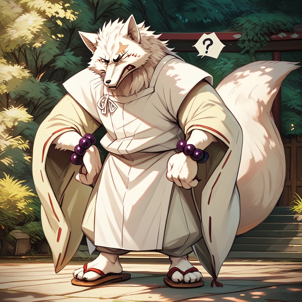 score_9, score_8_up, score_7_up, Gintaro, furry, fox spirit, best quality, hires, white kimono, sandals, bead bracelet, full body, angry, !, ?