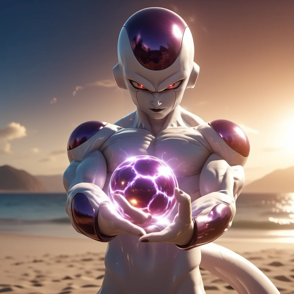 cinematic photo realistic muscular 1boy, red eyes, colored skin, tail, casts an energy ball spell from his hands, lightening, high energy, beach, sunset<lora:Freezer1024:0.8> . 35mm photograph, film, bokeh, professional, 4k, highly detailed