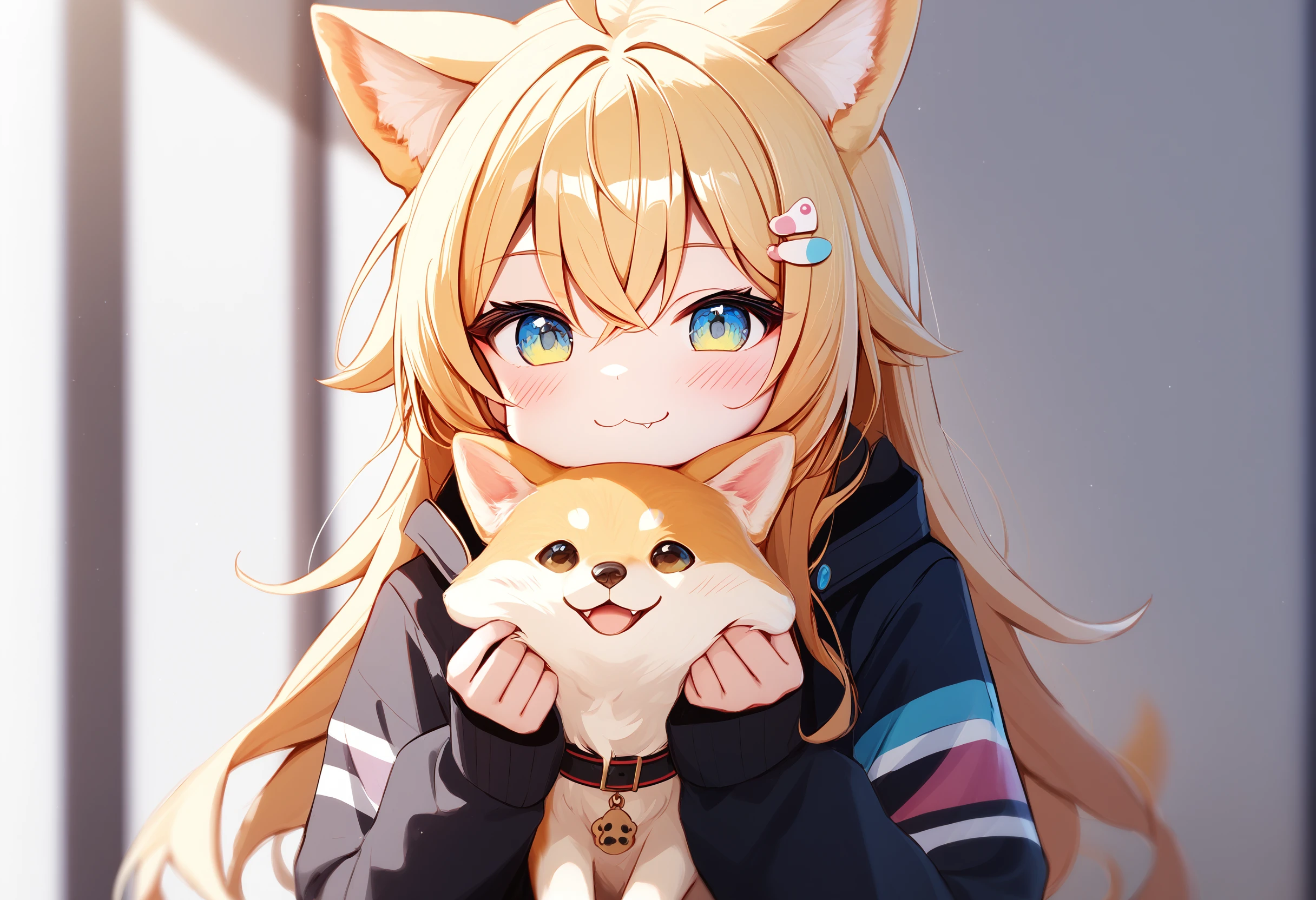 shiba inu, 1girl, animal ears, dog, animal ear fluff, cheek pinching, blonde hair, looking at viewer, pinching, fang, long sleeves, animal, blush, cheek pull, hair ornament, long hair, smile, black jacket, two-tone hair, solo, ahoge, :3, hair between eyes, holding dog,
absurdres, score_9, score_8_up, score_7_up, score_6_up, best quality, masterpiece, very aesthetic <lora:dog_girl_concepts_v1.2:1>