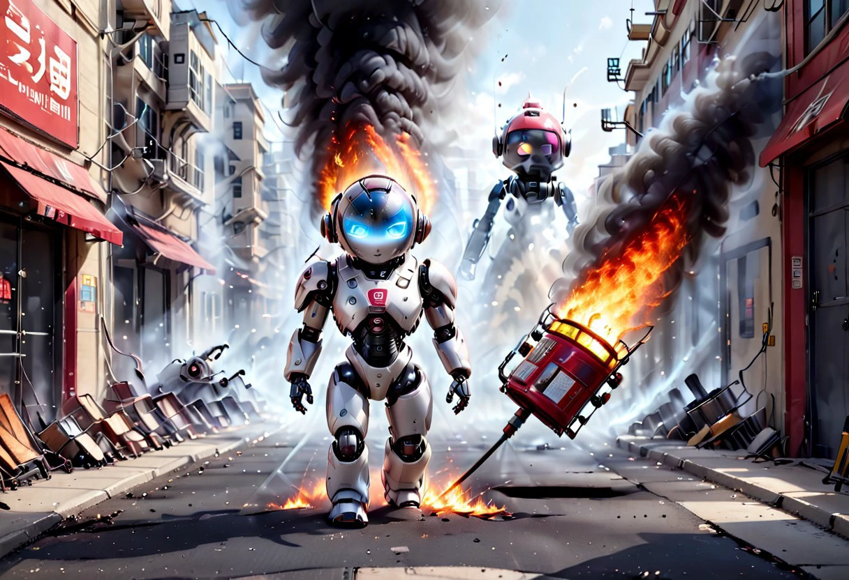 generation of ultra high quality photo with high resolution and sharp focus on theme ((burning servers)) of AI and the little robot civitay extinguishes with a fire extinguisher and a caption above the robot's head help i'm fried comic book style