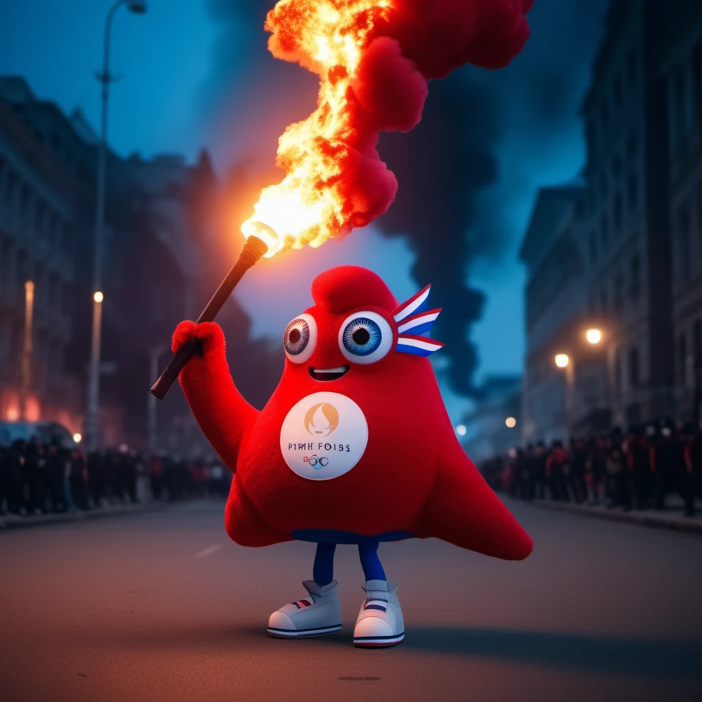 cinematic photo a non human red creature, blue eye, scared,  full body, shoes, city on fire background, riots, holding a torch <lora:Phryges1024:0.8> . 35mm photograph, film, bokeh, professional, 4k, highly detailed