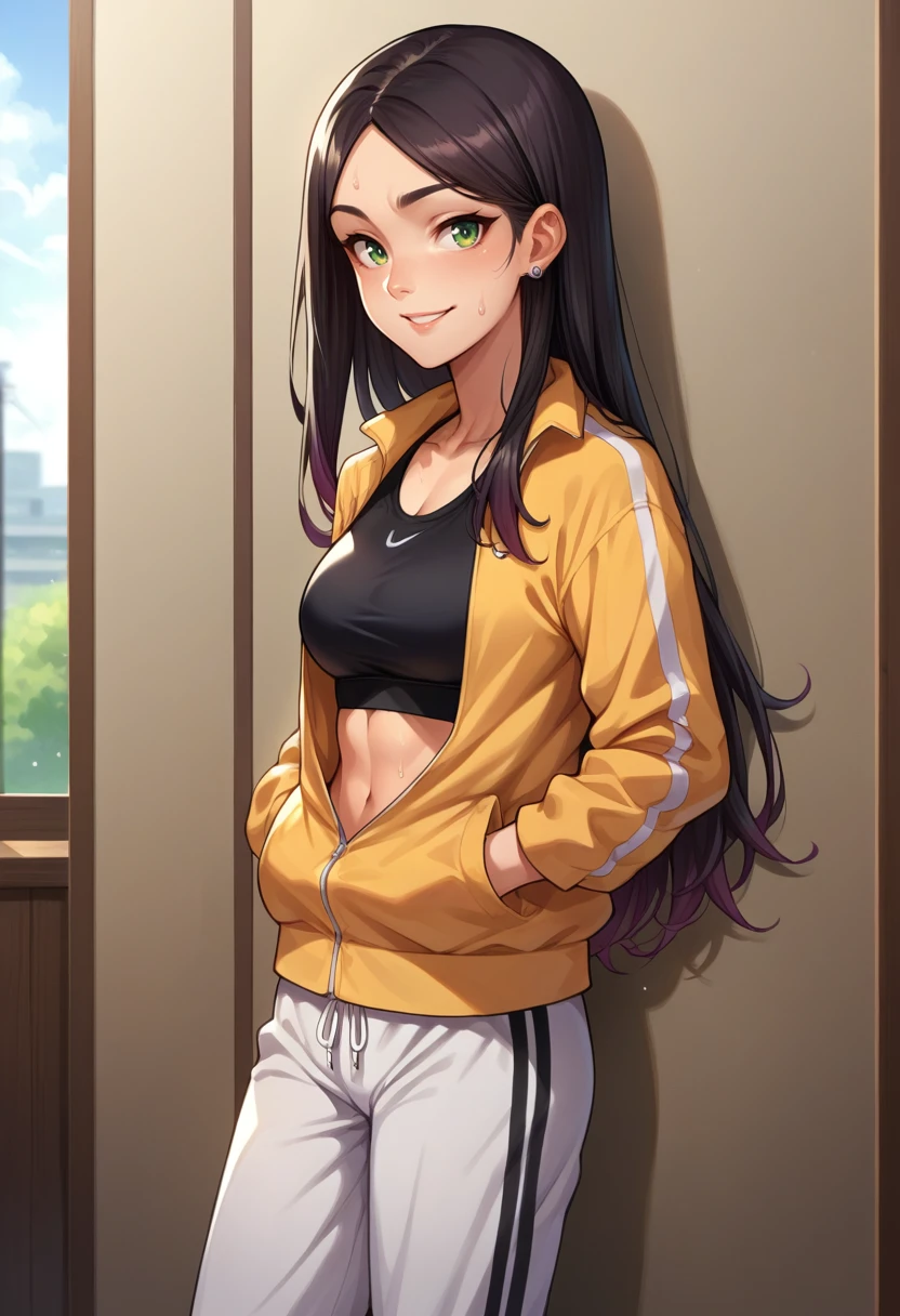 score_9, score_8_up, source_anime, 1girl, solo, Claudia, black hair, gradient hair, long hair, green eyes, earrings, baggy clothes, sports bra, open jacket, track pants, casual, indoors, against wall, leaning, hands in pockets, sweat, smile, <lora:ChamClaudiaPonyXL:1>