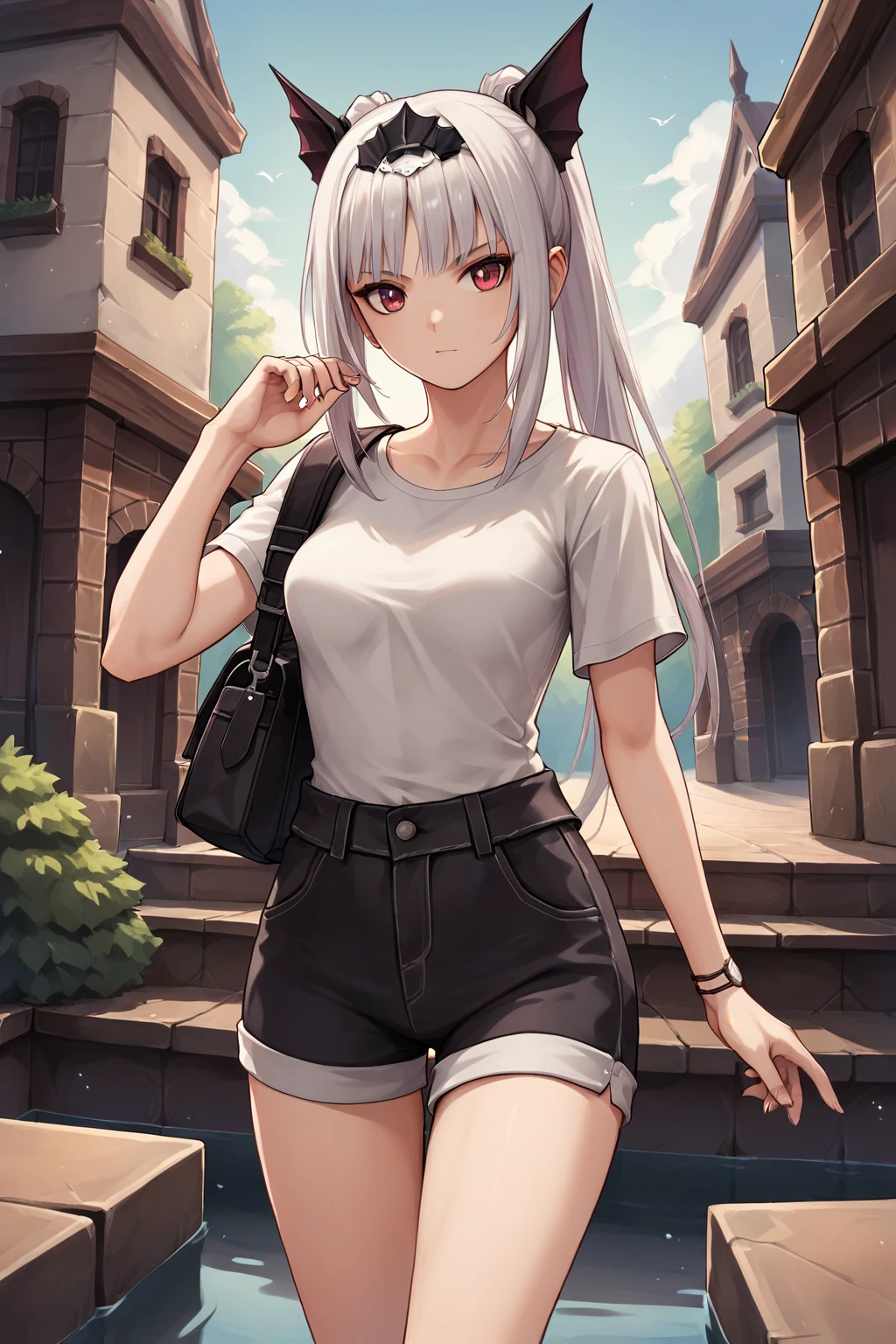 score_9, score_8_up, score_7_up, score_6_up, score_5_up, score_4_up, source_anime, rating_safe, 1girl, excella, shirt, shorts, casual attire