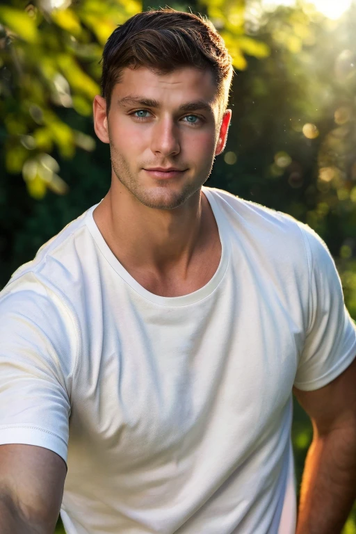 portrait, photograph of guy, upper body High resolution handsome guy, highly detailed, white t-shirt, (look at viewer) bokeh background, sunlight morning, sunburnt, detailed eyes,   <lora:charleslaurent:0.8> charleslaurent (smirking:0.4),  <lora:add_detail:0.5>, (masterpiece,best quality:1.5)