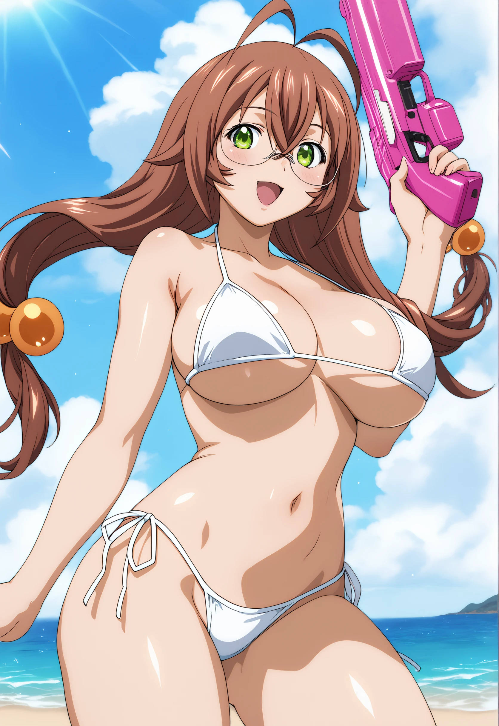 score_9, score_8_up, score_7_up, source_anime, 1girl, solo, outdoors, ocean, <lora:Ryuubipony_V01:1> Ryuubipony, long hair, brown hair, green eyes, hair between eyes, hair bobbles, glasses,large breasts, sexy, glamor, anime screencap, smile, looking at viewer, cowboy shot, thighs, big eyes, white micro bikini, open mouth, 
<lora:vivid_everclear:0.1> <lora:flat_sdxl:-0.4> <lora:Fixhands_anime_bdsqlsz_V1:1>