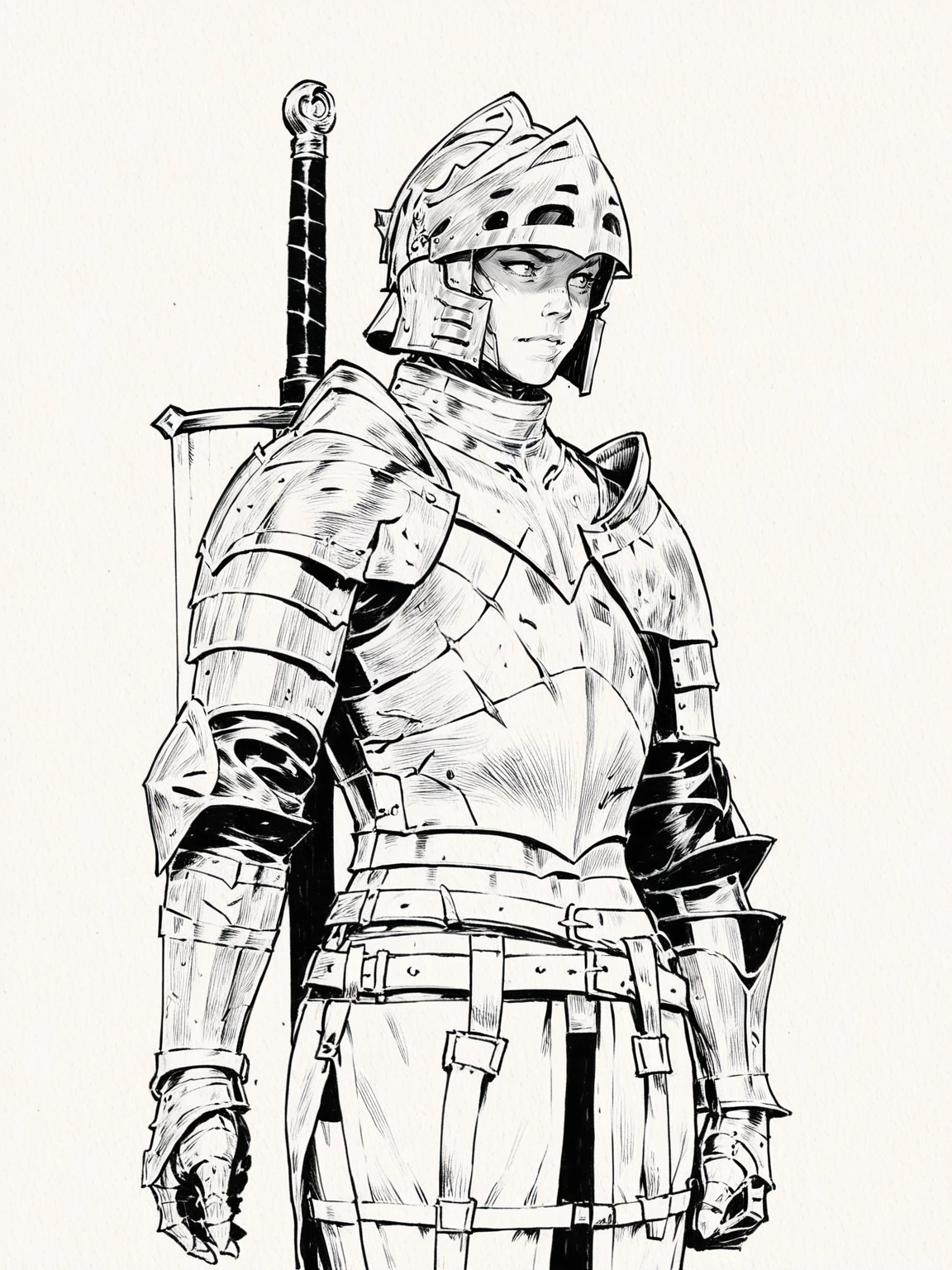 1other ambiguous_gender armor breastplate cowboy_shot dark_knight full_armor gauntlets greatsword greyscale helm helmet holding holding_sword holding_weapon knight monochrome pauldrons shoulder_armor shoulder_belt standing sword weapon white_background, <lora:MUZHUR:0.8>, score_8_up, score_7_up, monochrome, greyscale, traditional media