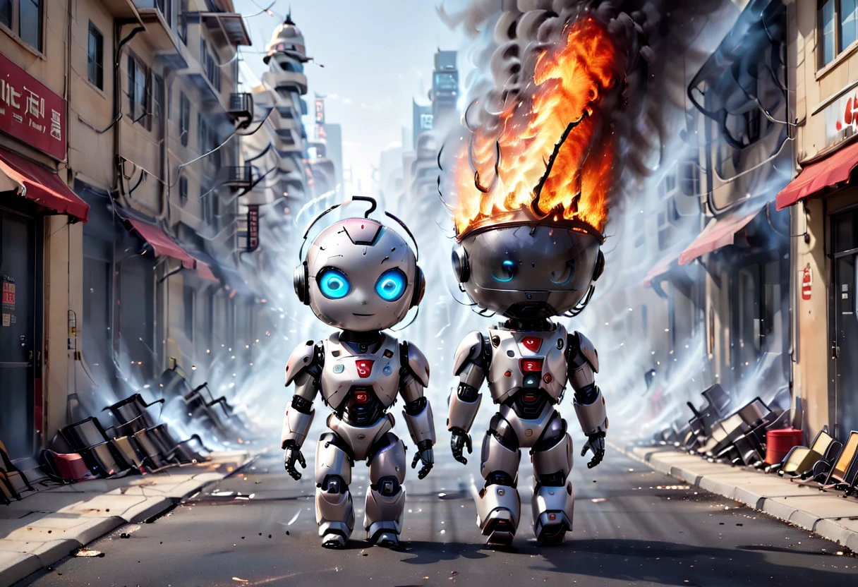 generation of ultra high quality photo with high resolution and sharp focus on theme ((burning servers)) of AI and the little robot civitay extinguishes with a fire extinguisher and a caption above the robot's head help i'm fried comic book style