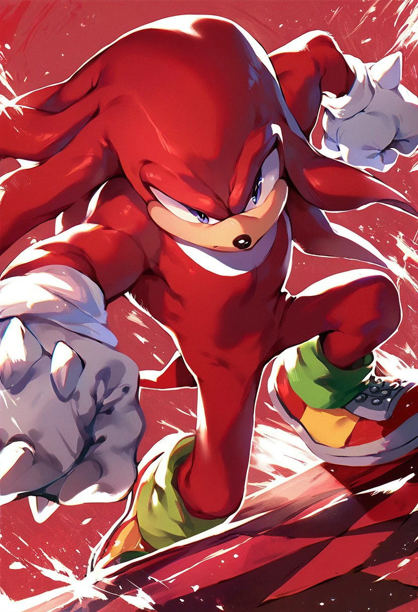 score_9, score_8_up, score_7_up, score_6_up, knuckles the echidna, solo, male, checkered red background, gloves, shoes, action pose