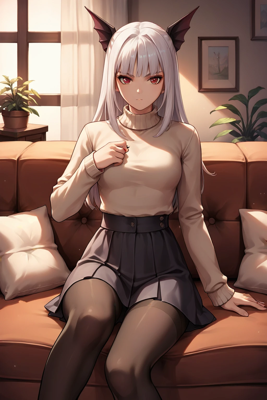 score_9, score_8_up, score_7_up, score_6_up, score_5_up, score_4_up, source_anime, rating_safe, 1girl, excella, sweater, tights, couch, sitting