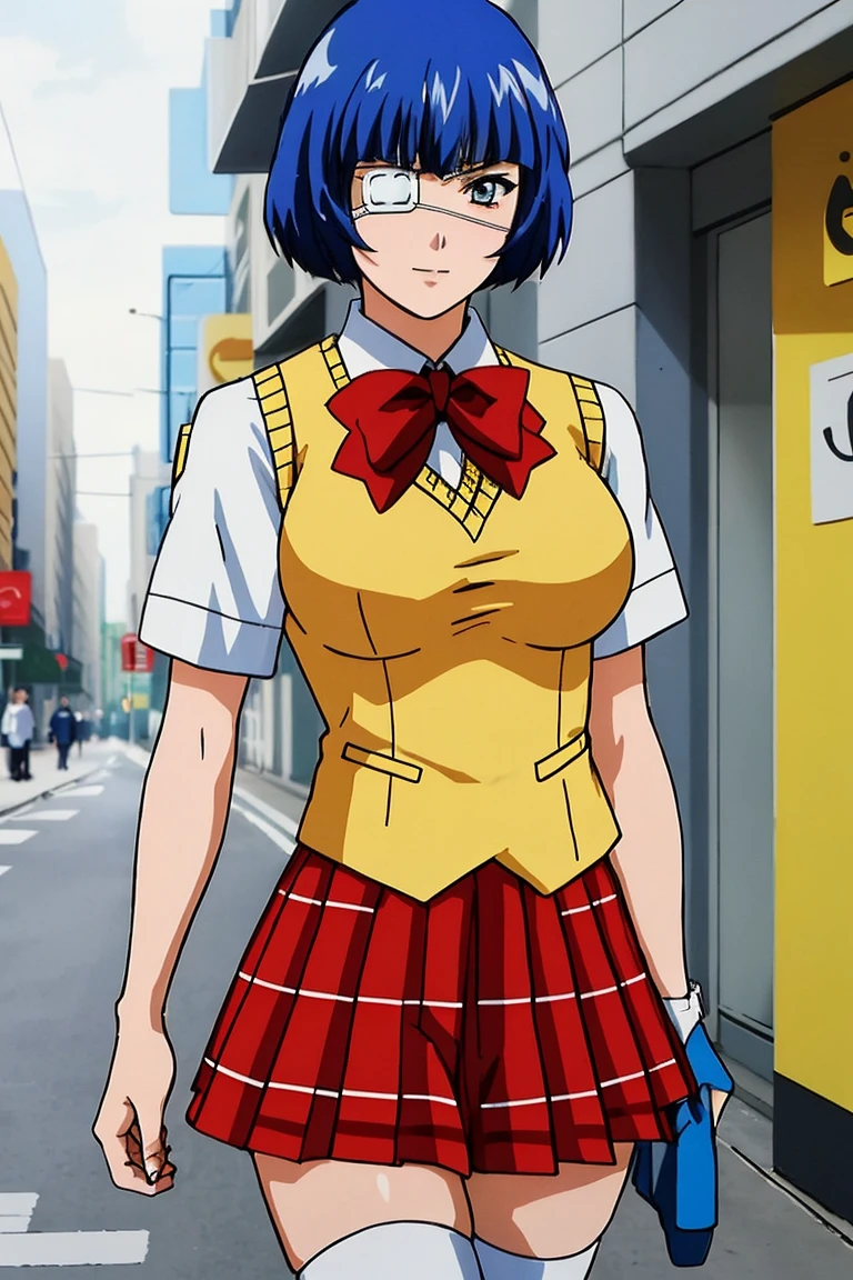 <lora:shimeiryomou-05:0.6>, ,((short hair, blue hair)), (slight smile),(eyepatch),, shimeiryomou, a photo of a woman, red plaid skirt, white shirt, yellow vest, red bow tie, thighhighs, walking, outdoors, city street, ((detailed eyes, detailed face))