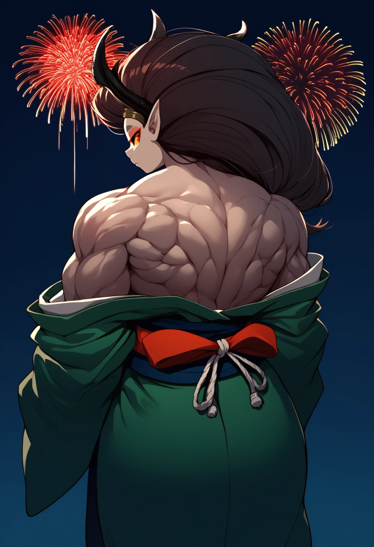 score_9, score_8_up, score_7_up, source_anime, from behind, solo, 1girl, muramasaraijin, colored skin, muscular female, makeup, eyeshadow, expressionless, looking back, horns, pointy ears, red eyes, yellow sclera, japanese clothes, green kimono, off shoulder, red sash, bare shoulders, large breasts, fireworks
<segment:yolo-face_yolov8m.pt,0.4,0.5>