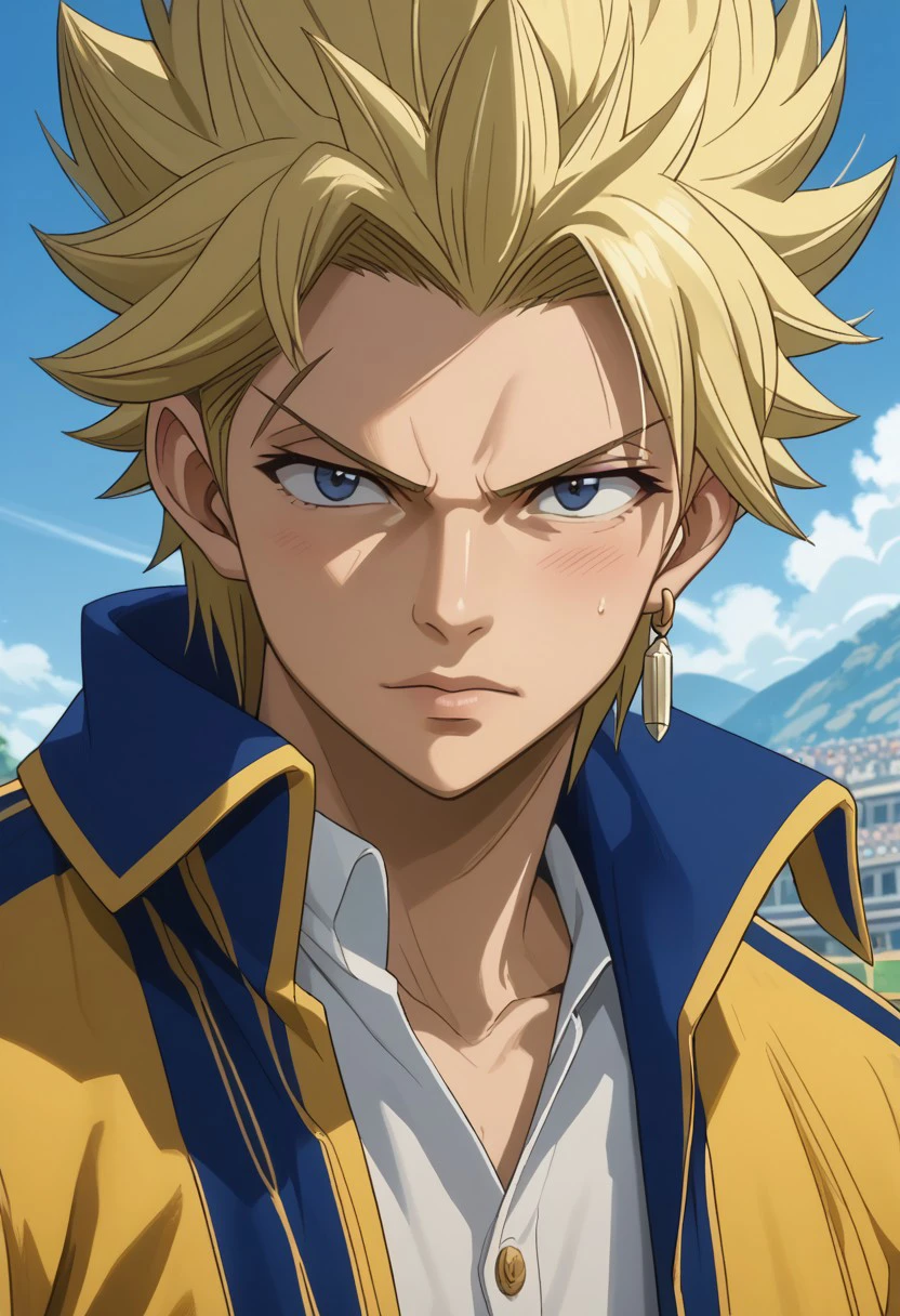 score_9, score_8_up, score_7_up, source_anime, rating_safe, StingFT, Sting drive blonde hair, light yellow Sting single earring, 1boy, male focus, anime screencap,