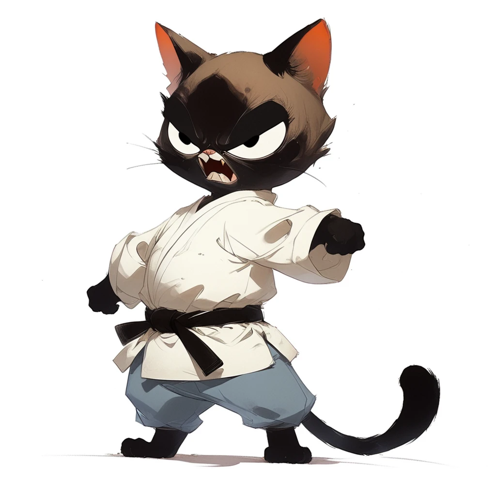 <lora:catsXL_1img_test3:1>,anthropomorphic cat character,black cat,solo,white background,standing,white chinese clothes,black belt,light blue pants,barefoot,front view,open mouth,angry,furrowed brow,