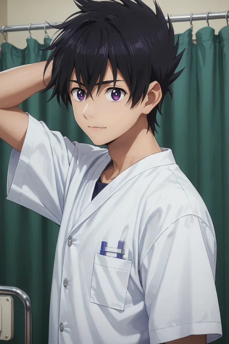 score_9, score_8_up, score_7_up, source_anime, rating_safe, , semi-realistic, , , 1boy, solo, male focus, <lora:ryuunosuke_minakata_pony:0.74>, ryuunosuke_minakata, black hair, purple eyes, short hair, bangs, hair between eyes, from side, hospital, light, arm up, skin fang, , <lora:sdxl_lightning_8step_lora:1>