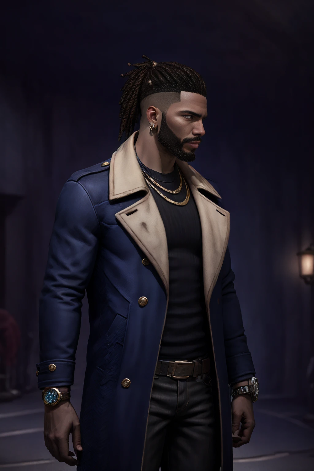 cinematic film still, facial hair, earrings, watch, jacket, pants, necklace, very dark skin, black hair, dreadlocks, 1boy, cowboy shot, Random Action, Middle City Background  <lora:Ford_Free_Fire:0.8>
shallow depth of field, vignette, highly detailed, high budget,  cinemascope, moody, epic, gorgeous, film grain, grainy  <lora:film_noir_bistro:0.7>