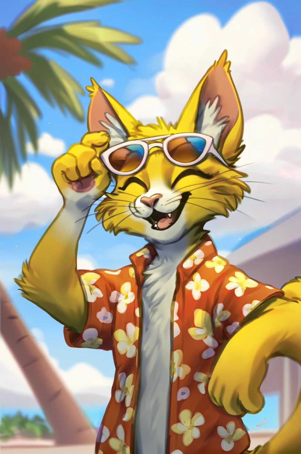 source_furry , yellow cat, wearing sunshades, happy, whiskers, smiling, sunny, clouds, blue sky, palm tree, wearing a Hawaiian shirt,  <lora:Test 1  epoch5:0.7> , solo,