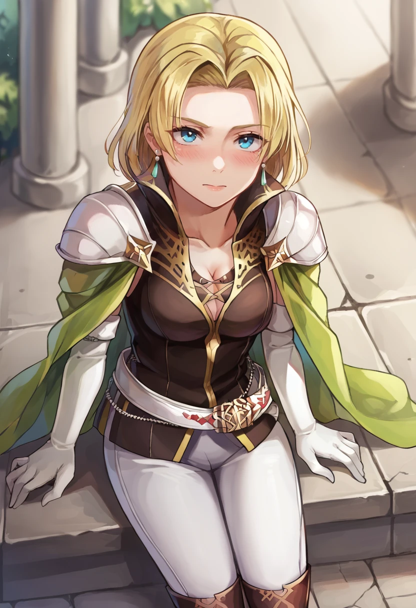 score_9, score_8_up, score_7_up, masterpiece, source_anime, 1girl, ct_lena, blonde hair, medium hair, medium breasts, blue eyes, green earrings, brown sleeveless shirt, green cape, shoulder armor, cleavage, elbow gloves, white belt, white pants, brown thigh boots, outdoors, city, depth of field, facing viewer, sitting, from above, looking up, blush, foreshortening, <lora:Selena_Pony_ct_ver3:1>