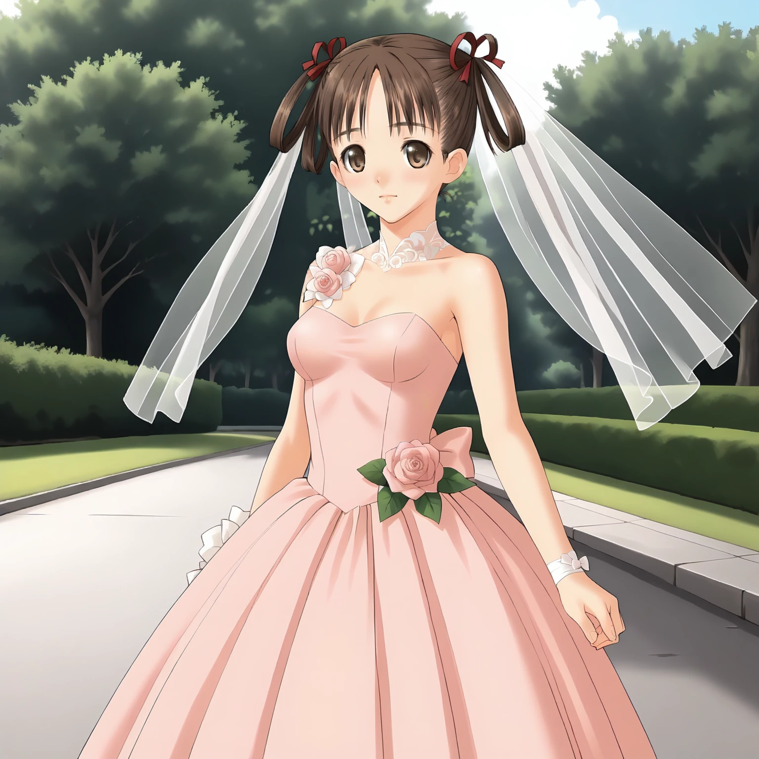 <lora:SnIMnI_NatsumeSorayamaXLpony003>,
solo,
NatsumeSorayama,1girl,brown hair,hairrings,hair ribbon,twintails,brown eyes,
medium breasts,
wedding_dress,
outdoors,pink dress,