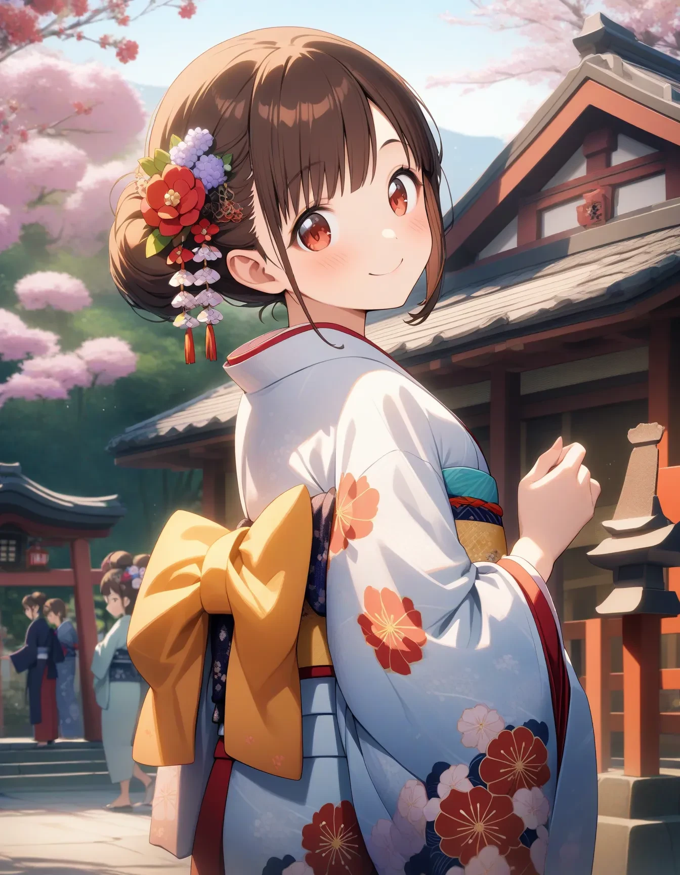 c_sonoda, 1girl, short hair, looking back, japanese clothes, kimono, smile, red eyes, brown eyes, brown hair, bangs, outdoor, shrine, temple, hair ornament, flower, looking at viewer, hair flower, hair bun, blush, single hair bun, floral print
masterpiece, best quality, very aesthetic, absurdres
<lora:c_sonodaXL_animagine:1>