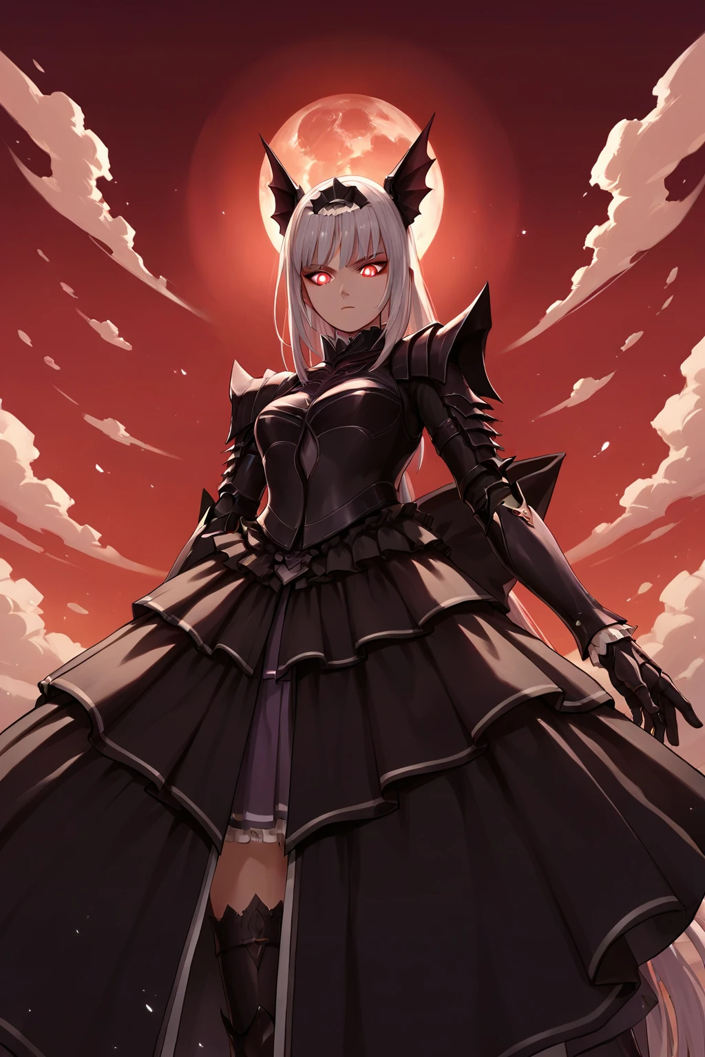 score_9, score_8_up, score_7_up, score_6_up, score_5_up, score_4_up, source_anime, rating_safe, 1girl, excella, from below, looking down, dynamic composition, glowing eyes, red sky, dark clouds, red moon