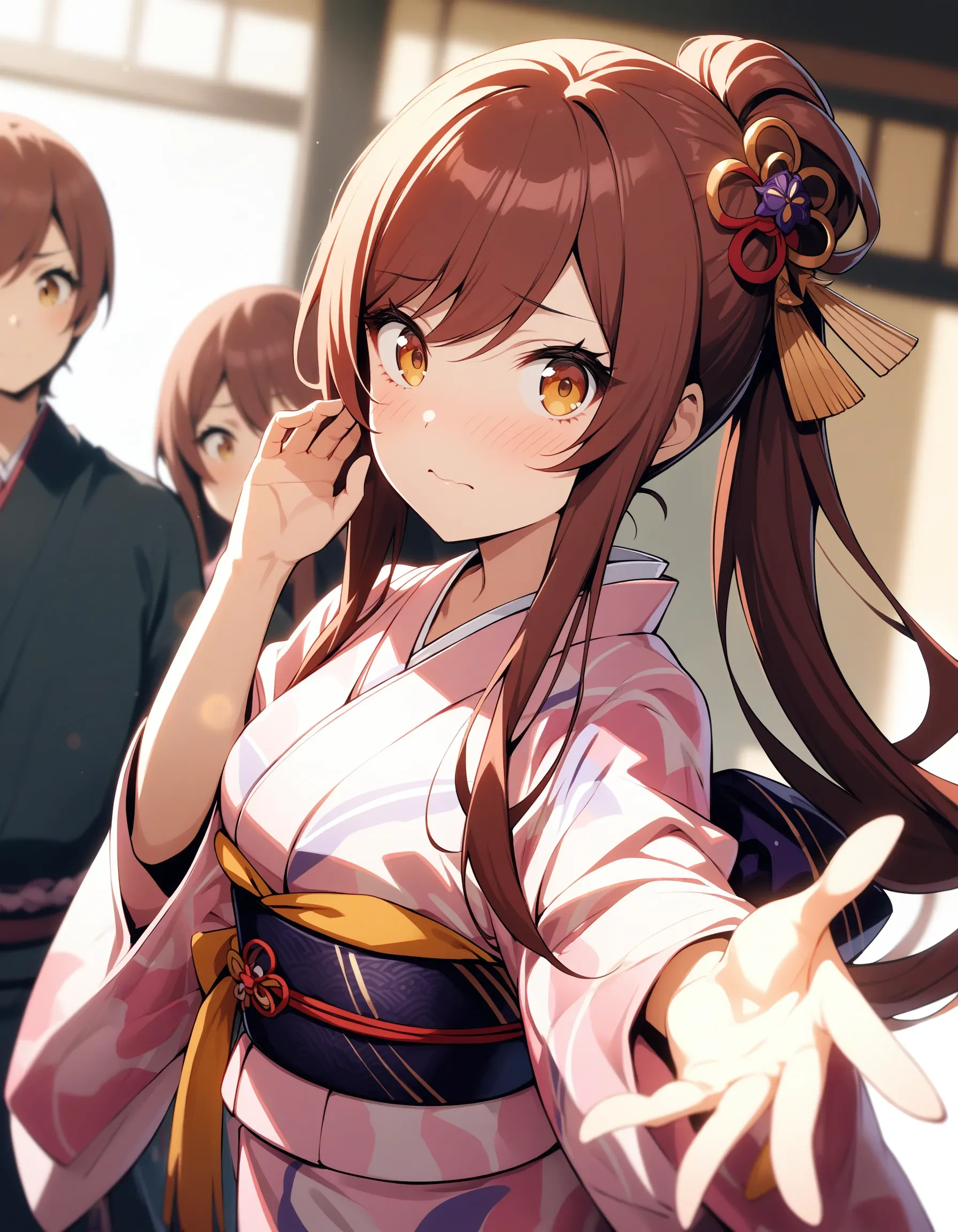 a_osaki, 1girl, blurry, blurry background, blush, breasts, red eyes, yellow eyes, embarrassed, eyelashes, hair ornament, japanese clothes, kimono, lens flare, long hair, long sleeves, looking at viewer, obi, open hand, pink kimono, ponytail, red hair, brown hair, sash, shadow, sidelocks, solo focus, swept bangs, upper body, wide sleeves, yukata
masterpiece, best quality, very aesthetic, absurdres
<lora:a_osakiXL_animagine:1>
