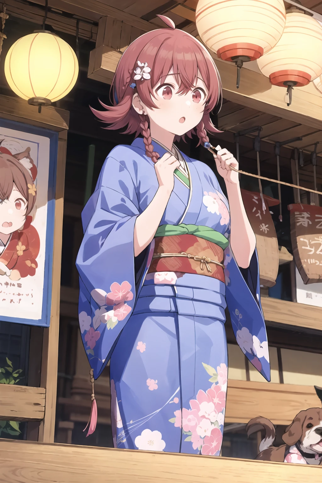 k_komiya, 1girl, short hair, ahoge, red eyes, red hair, bangs, hair between eyes, :o,alternate hairstyle,animal print,blue sash,blurry,blurry background,blush,braid,dog print,dot nose,twintail,hair ornament,hairclip,hands up,japanese clothes,kimono,long sleeves,looking afar,obi,outdoors,parted bangs,paw print,pink kimono,playing with own hair,print kimono,sash,sidelocks,solo,summer festival,twin braids,yukata<lora:k_komiya:1>